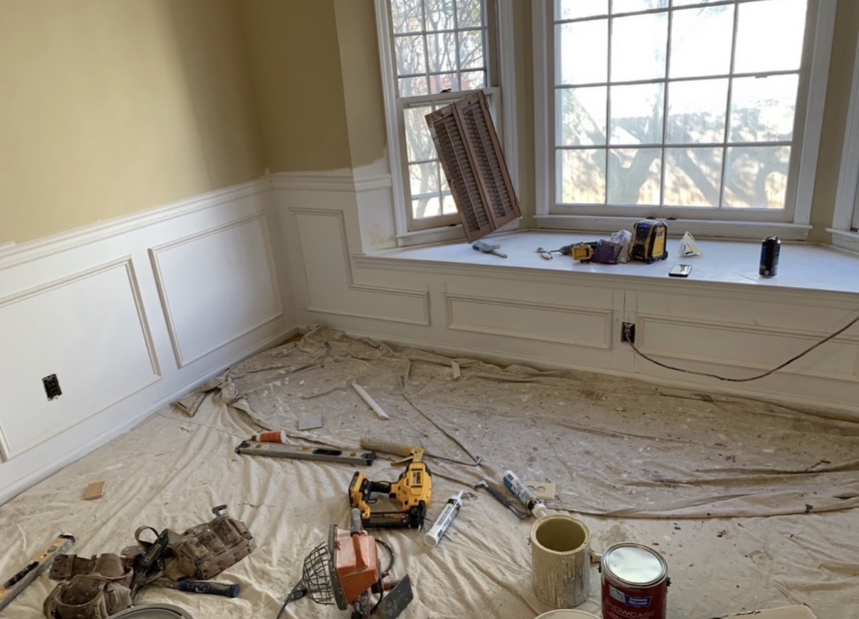 Home office during custom wall-panel installation